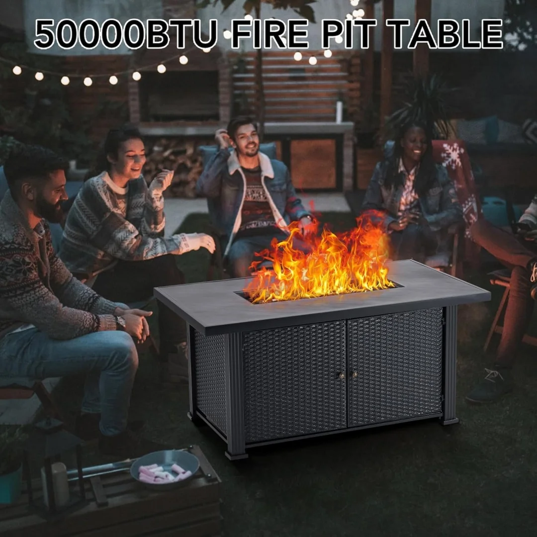 52 Inch Propane Fire Pit Table, 50000BTU Rectangle Fire Table with Cover & Rain Cover, Sturdy Steel and Iron Fence Surface