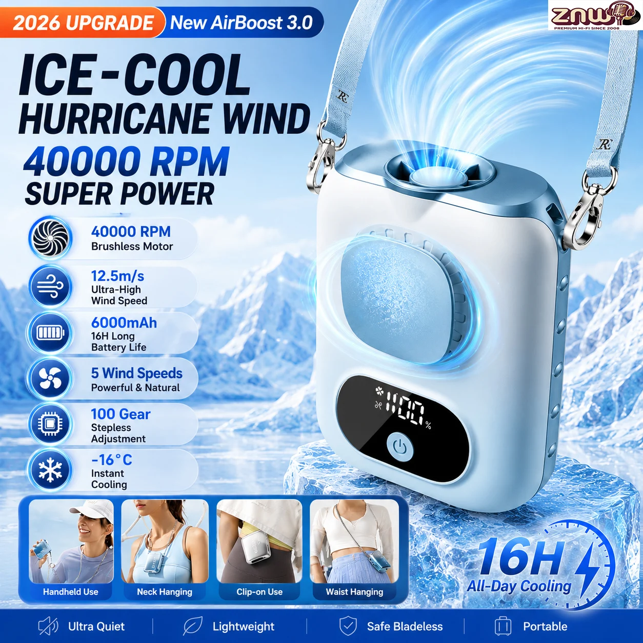 Portable Waist Fan 6000mAh Neck Fan Powerful Wind for Home/Outdoor Cooling, 16H Play, 40000RPM, LED Display,5 Speeds, Best Gifts