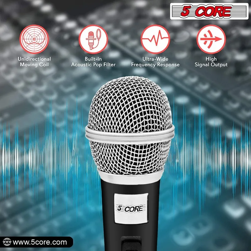 5Core Dynamic Handheld Microphone，With Open/off Switch，Heart-shaped Unidirectional Pickup，XLRCables and Clips - Suitable for s