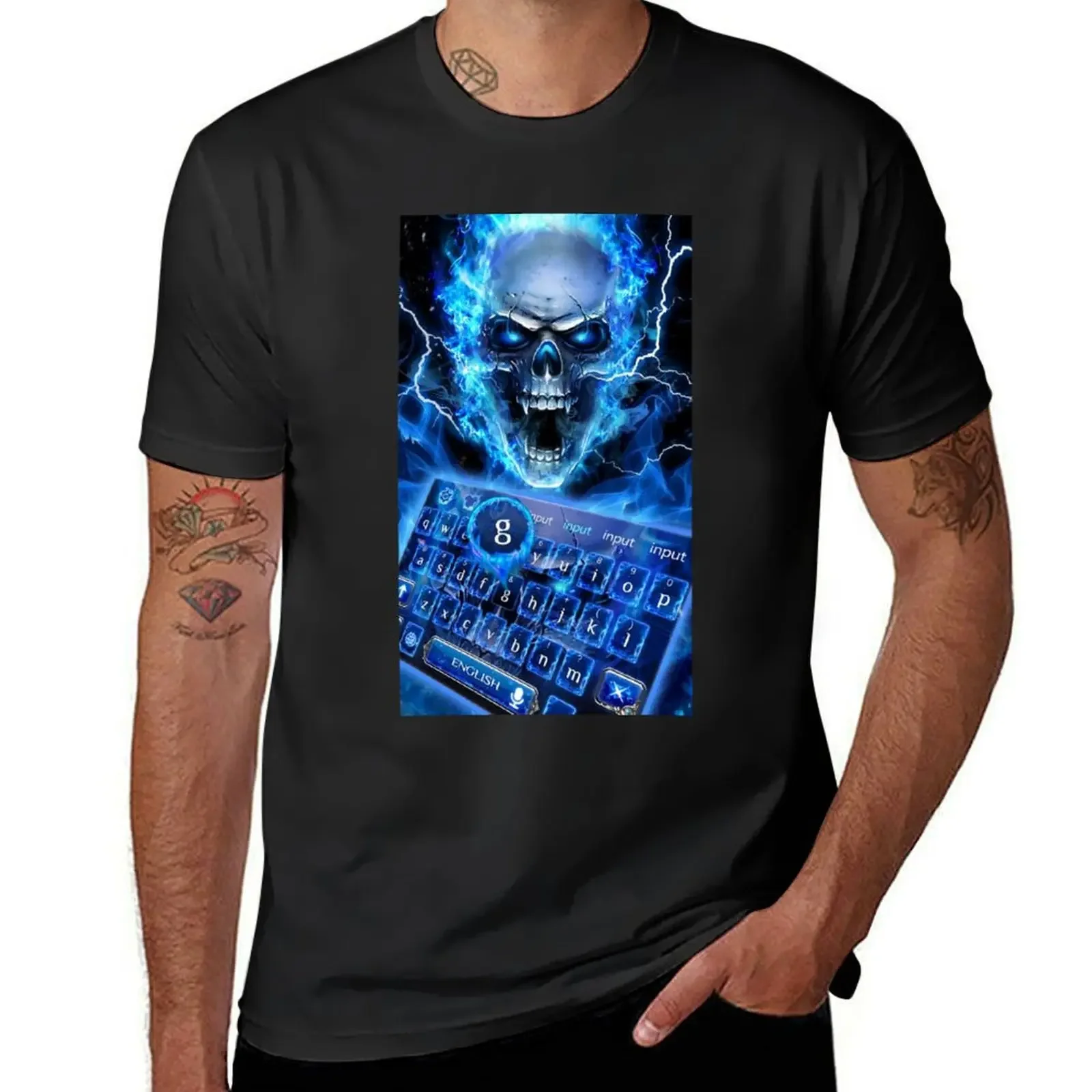 Awesome evil blue flaming skull next to a keyboard with the “g” key being highlighted T-Shirt hippie clothes clothes for men