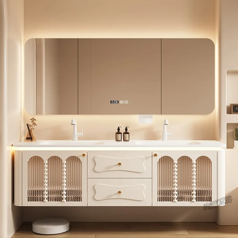 French cream wind double basin bathroom cabinet combination rock slab hot bending integrated basin smart cabinet