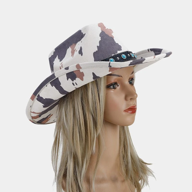 Adult Cowboy Hat with Cow Print Pattern for Woman Western Cowboy Hat Model Show Photography Camouflage Cowboy Hat