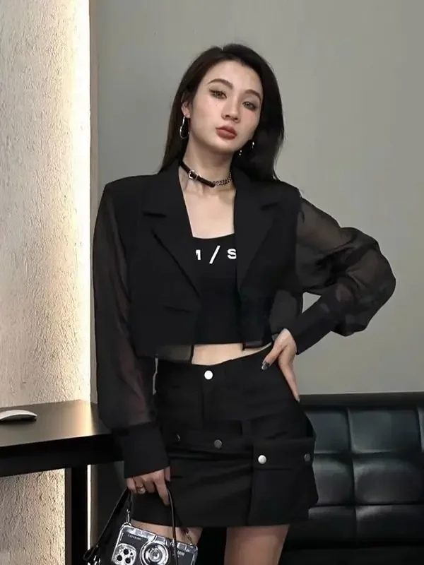 Women Blazers See Through Crop Tops Ins Patchwork Mesh Long Sleeve Sun-proof Fitness Breathable Fashion Korean Style Shirts