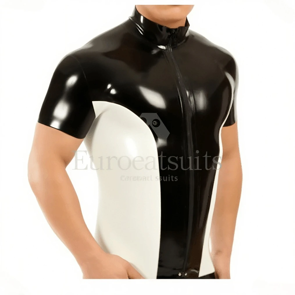 

Резиновый топ по индивидуальному заказу, мужская черно-белая латексная рубашка с короткими рукавами и молнией спереди, резиновая облегающая рубашка, мужская клубная одежда, модный косплей