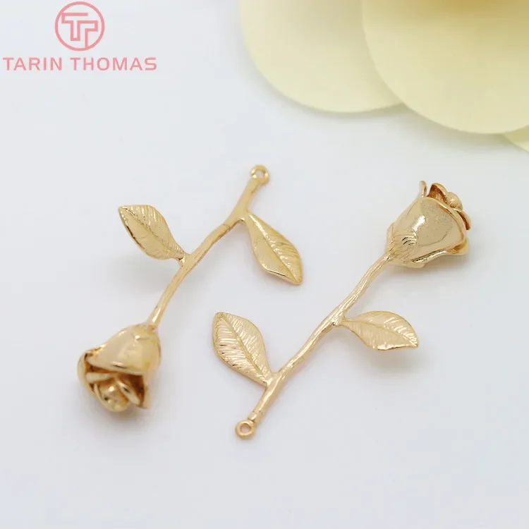 (823)4PCS 22x37MM Hole 1MM 24K Gold Color Plated Brass Rose Charms Pendants High Quality Diy Jewelry Findings Accessories