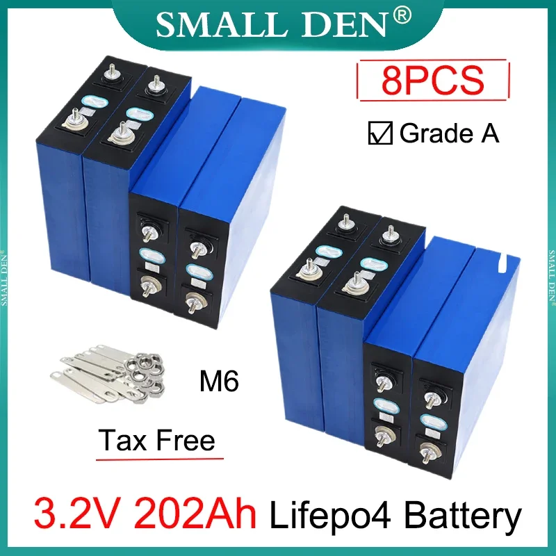 

8PCS 3.2V 200Ah 202Ah Lifepo4 Battery Grade A Lithium Iron Phosphate Cell DIY 12V 24V E-car Golf Cart Solar Inverter Power Tools