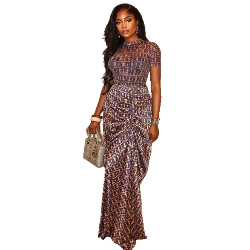 

2025 Новое модное плиссированное платье с принтом, женские летние повседневные платья в стиле ретро с круглым вырезом для женщин, длинная юбка для женщин