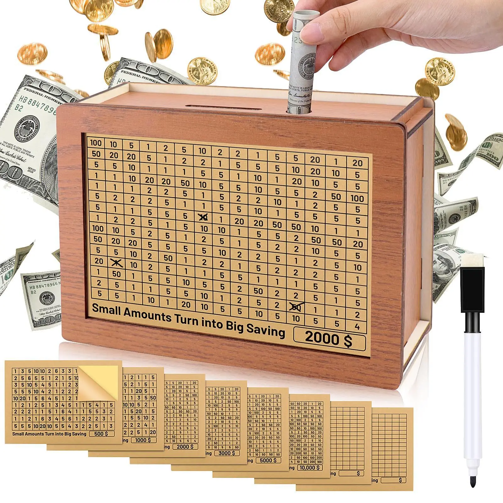 1pcs Money Wood Box Piggy Bank Wood Money Bank Reusable Money Box With Saving Goal And Numbers Money Boxes Money Drawer