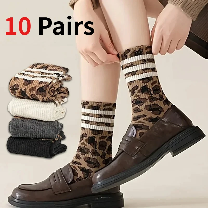 1/4/10 Paar Damen-Socken mit gestreiftem Leopardenmuster, mittellange Socken, weich, atmungsaktiv, hochwertig, lässig, sportlich, modisch, für den Alltag