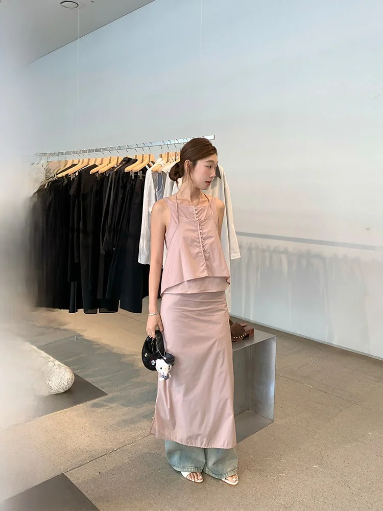 

Ranwear Layered Neline Strap Vest Top Long Skirt Set Faionable Ensemble Chinese Brand R25RD56A Summer Collection