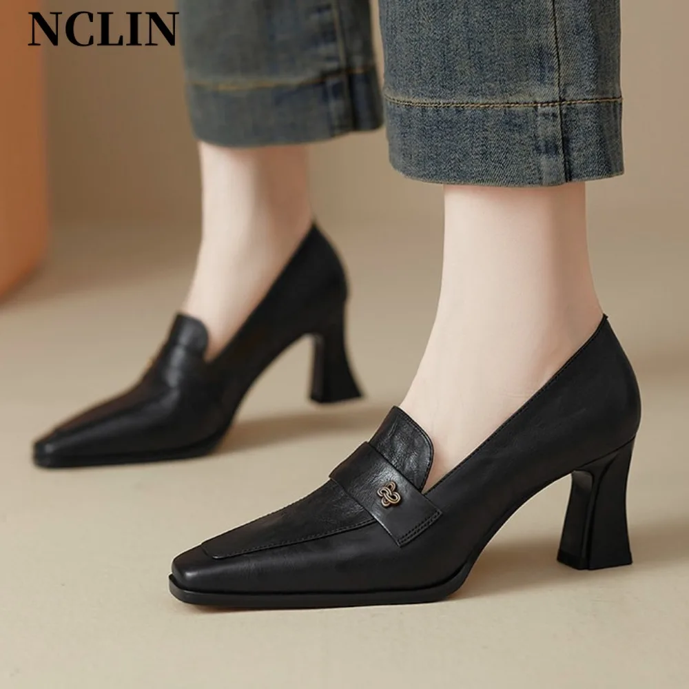 

New French retro heigh heel shoes made of cowhide hand sewn with genuine leather Le Fu women's one-step comfortable and casual