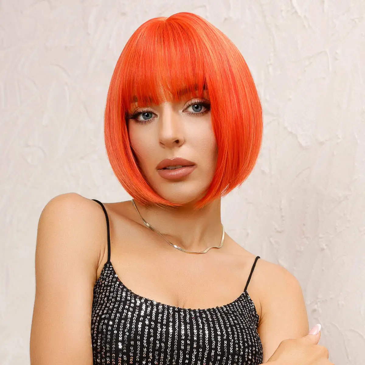 Girls 12 Inch Bob Wig Women Short Straight Synthetic Hair Orange Fiber Wig with Bangs Music Festival Cosplay Party