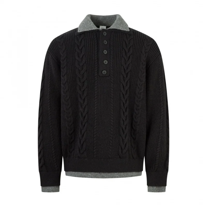 

Men'S Black Polo Collar Sweater, 2025 Autumn New Cable Knit Button-Down Knitted Fall Fashion Trend Office Wear Warm Knit Top