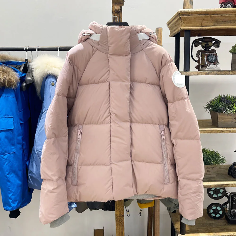 Jaqueta puffer curta para mulheres, parka com capuz, sobretudo quente, casaco de neve grosso, branco, moda ao ar livre, inverno novo, 2023