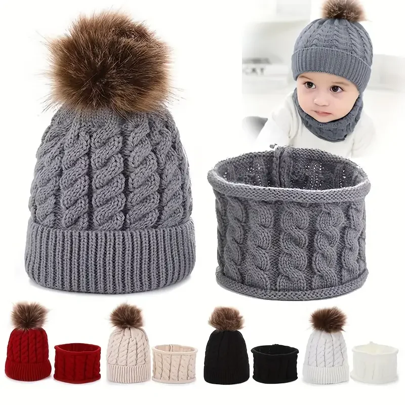 2pcs/set Children\'s Woolen Hat & Neck Scarf Set, Winter Solid Color Outdoor Cycling Thickened Warm Knitted Hat