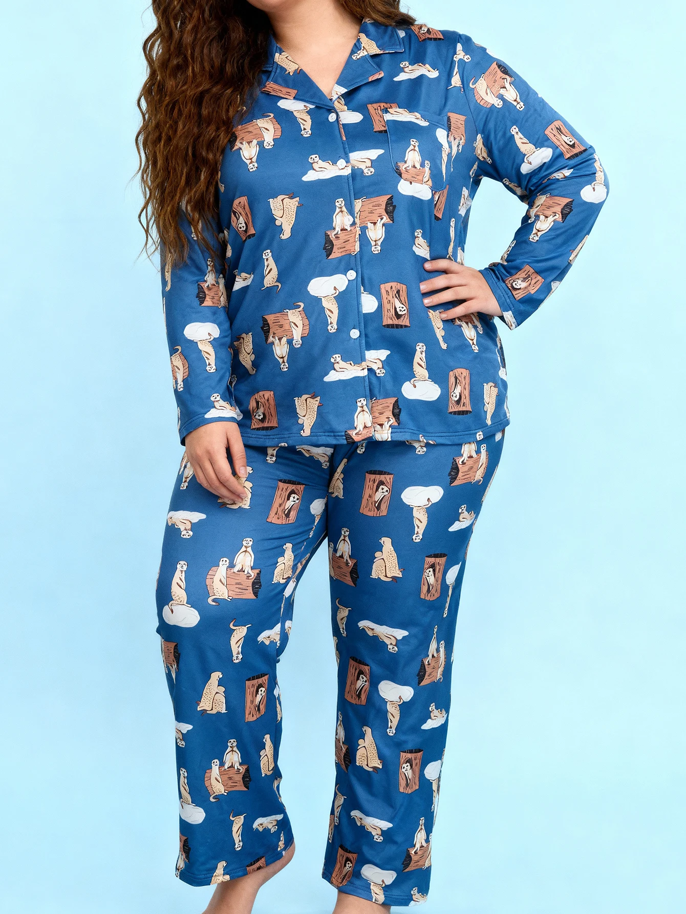 

Plus Size Women's Spring Autumn Elegant 2-Piece Pajamas Set Lapel Long Sleeve Top & Pants Soft Casual Home Sleep Loungewear