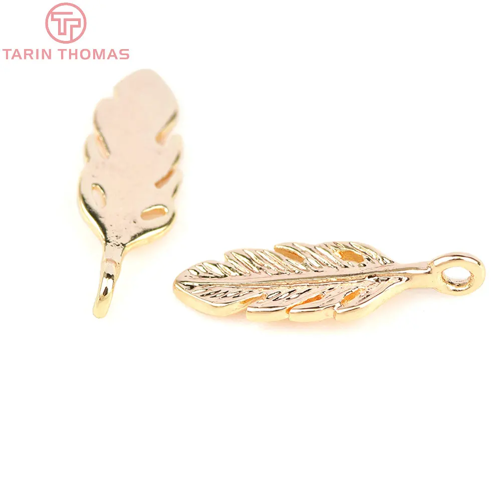 (167) 5x15MM 24K Champagne Gold Color Plated Brass Feather Charms Pendants High Quality For Diy Jewelry Making Accessories