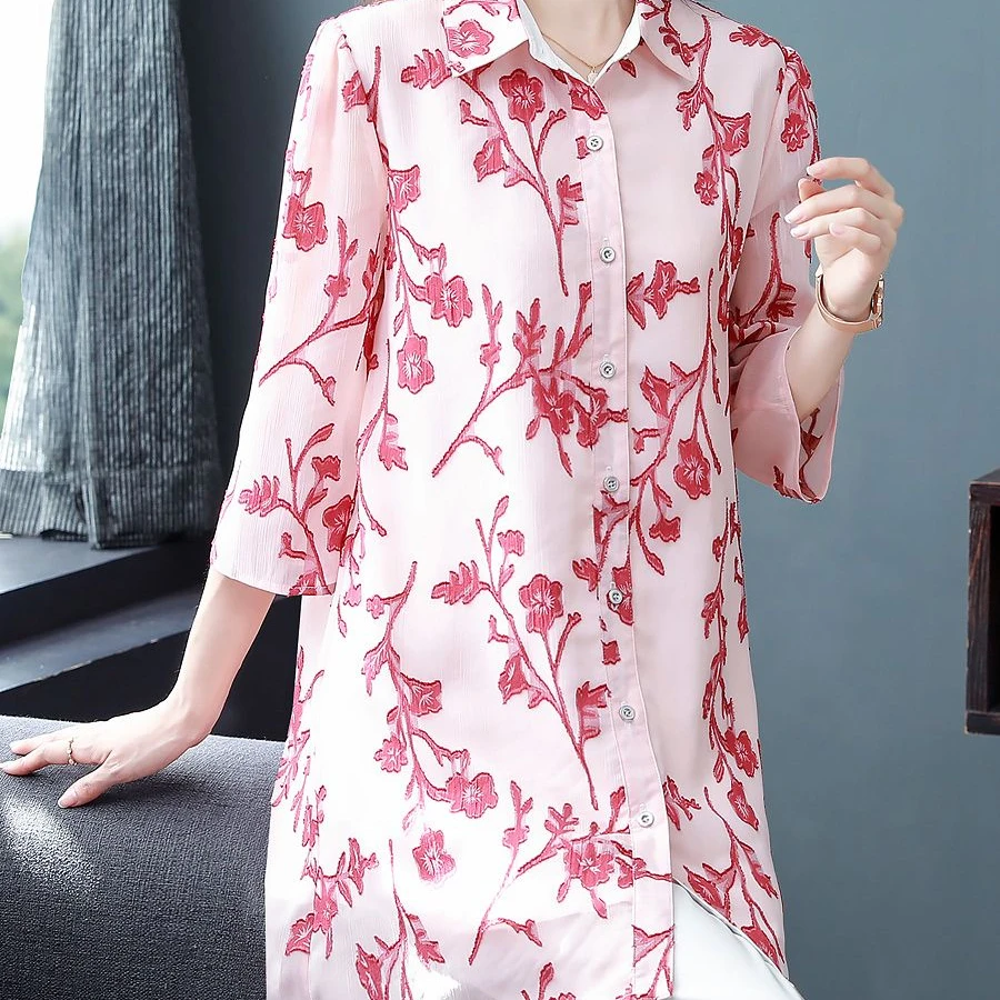 Summer Loose Short Sleeve Women's Chiffon Top Mom T-Shirt Belly Covering Slimming Midi Length Fashionable Korean Style Shirt