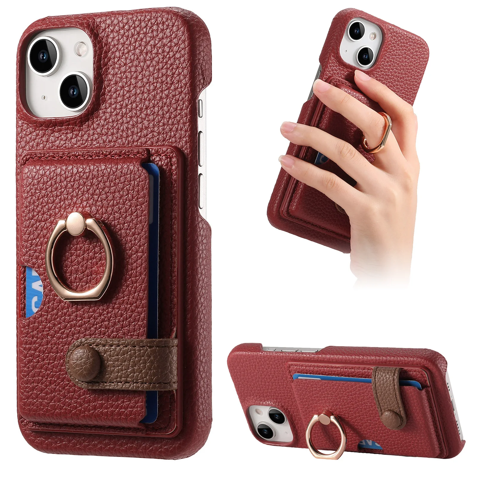 Leather Ring Support Phone Case for IPhone 17 Air 16E 18 16 15 14 13 12 11 Pro Max Plus Wallet with Card Holder Shockproof Cover