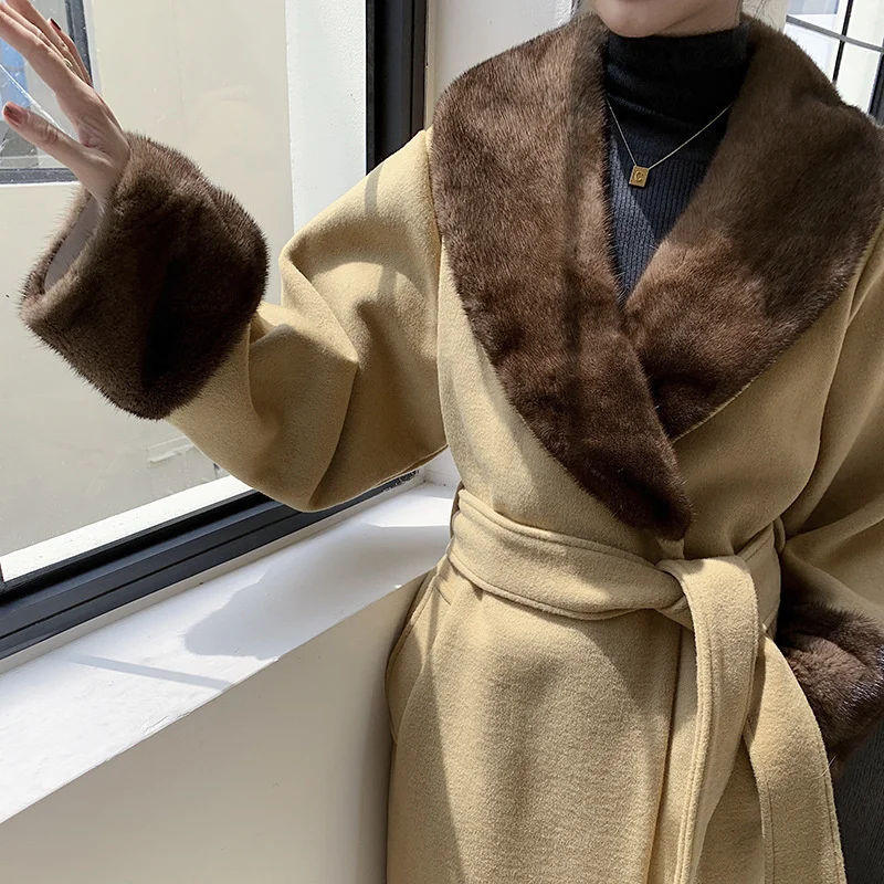 Mink Hair Collar Camel Bathrobe Double sided Wool Coat Women's New Casual Long lapel Belt Slim Fit High Quality Wool Overco