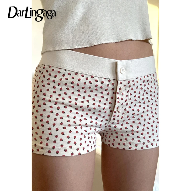 Darlingaga Sweet Strawberry Printed Skinny Low Rise Summer Shorts Coquette Clothes Women's Hotpants Short Korean Homewear Bottom