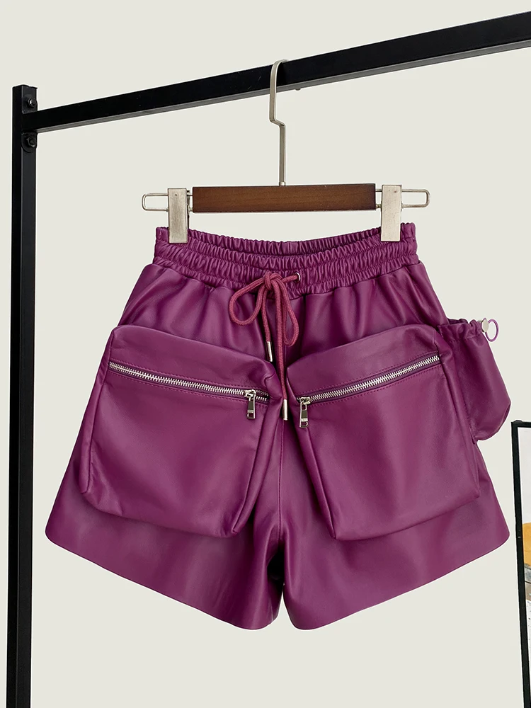 

Spring New High Quality Genuine Real Leather Shorts Women's Fashionable All-Match Waist Wide-Leg Pants Loose Sheepskin Boot