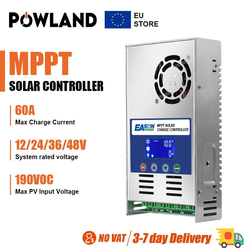 POWLAND 60A MPPT Solar Charge Controller 12V 24V 36V 48V Battery Charge Regulator 60A Solar Controller LCD Max PV 150VDC Input