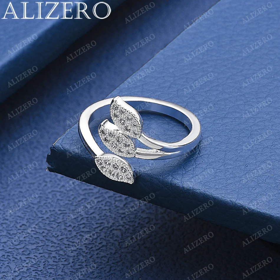 

ALIZERO 925 Sterling Silver Leaf Zircon Open Ring Wedding Engagement Party Girl Cute Accessories Jewelry Wholesale