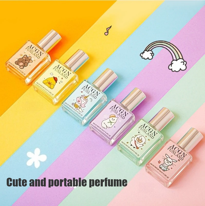 

10 мл парфюмерной воды в мультяшном флаконе, компактный и портативный, стойкий аромат, свежий цветочно-фруктовый запах, доступная цена для студенток и женщин.