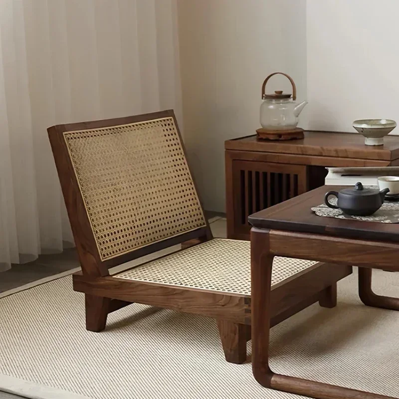 New Chinese style bay window chair leisure lounge seat walnut rattan tatami mats tea room balcony furniture cozy seating