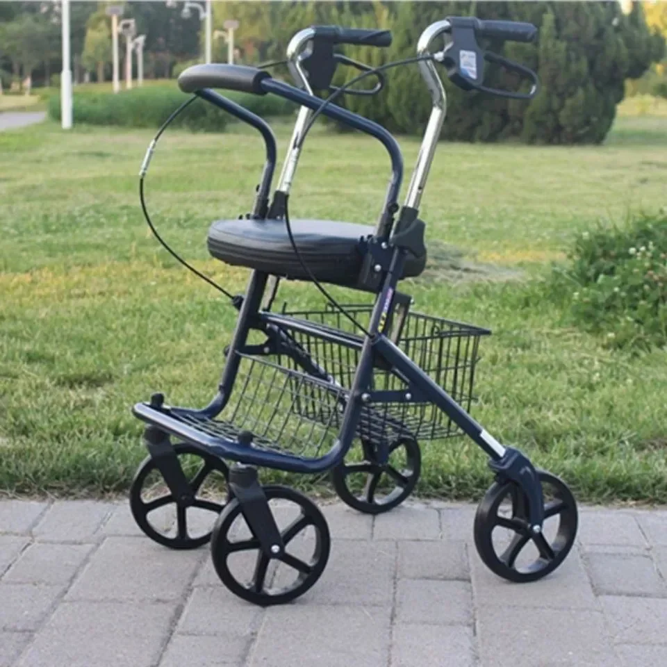 Elderly folding shopping scooter, elderly portable trolley, four-wheeled push, seat-assisted driving shopping cart