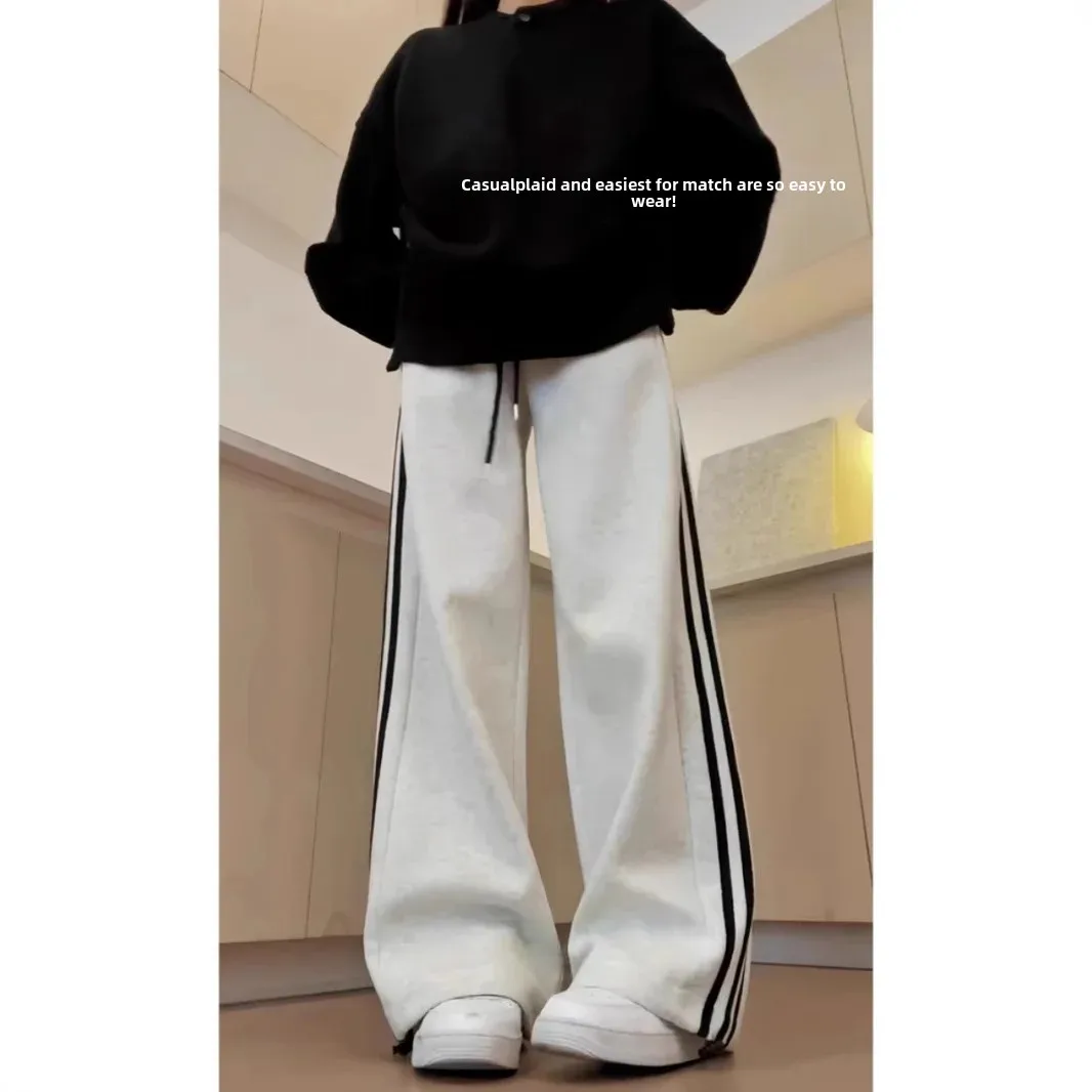 ZTHPGreyCasualAmerican Stylesweatpants Women's Loose-Fit Straight-Leg Striped Cargo Pants Spring Autumn New Arrival Bell Bottoms