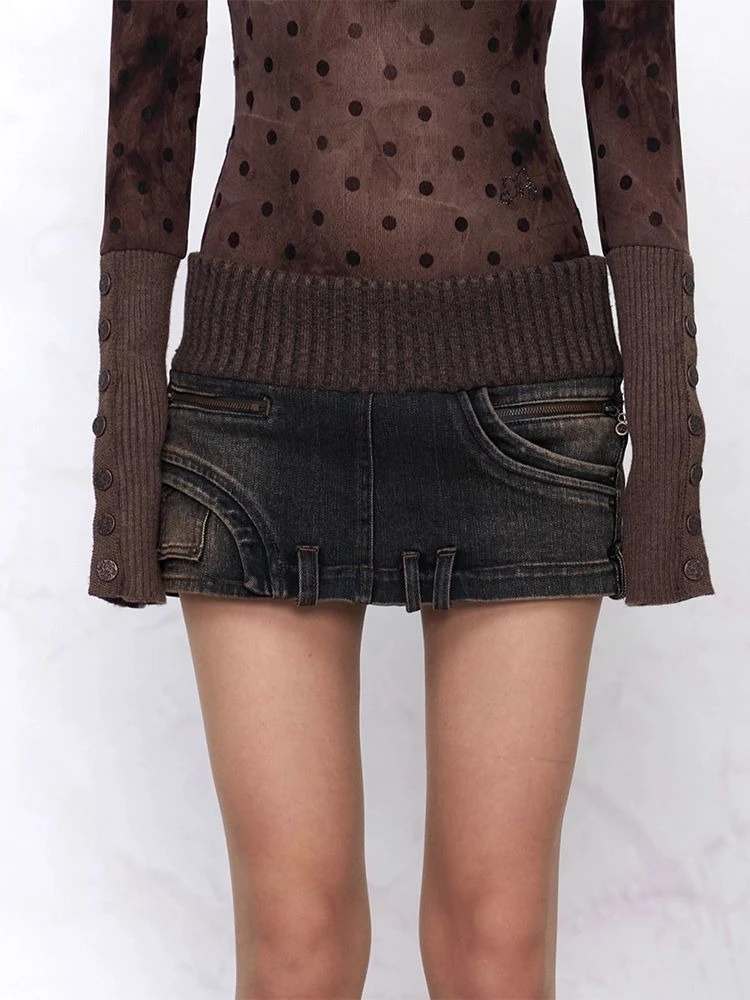 Deeptown Y2k Vintage Denim Skirt Women Sexy Spicy Girl Patchwork Mini Skirts Harajuku Slim Up Streetwear Short Skirts Aesthetics
