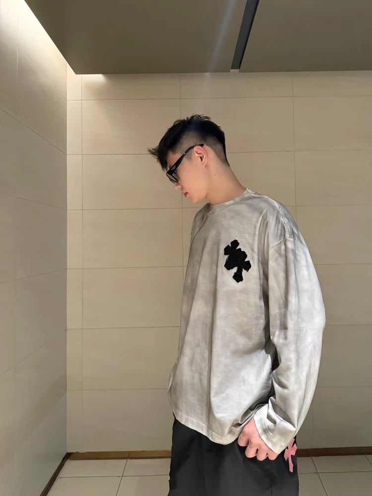 

Футболка MM2025 с вышитым логотипом, свободного кроя, с круглым вырезом, длинным рукавом, повседневная, удобная, из хлопка