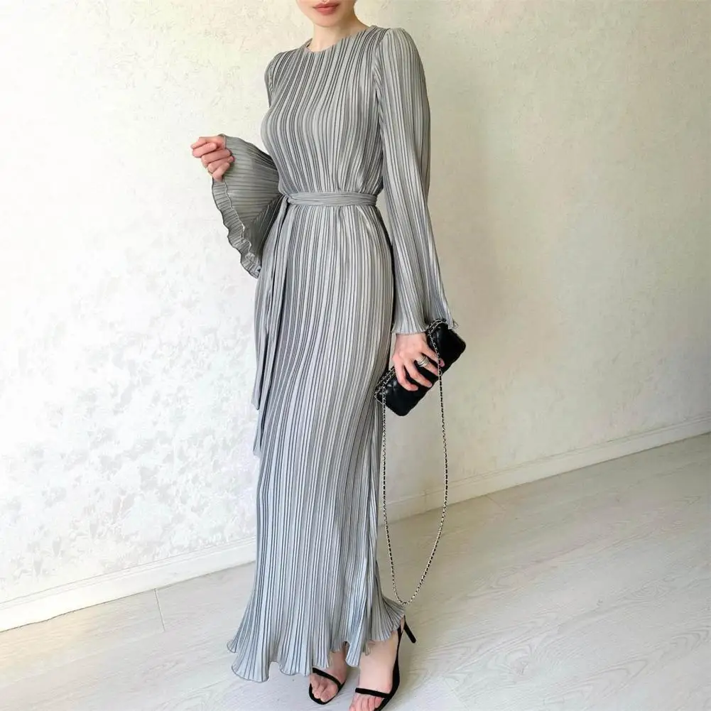 Solid Color Pleated Long Dress Elegant Striped Bell Sleeves Maxi Dress with Lace-up Detail for Women Autumn Spring Prom Party