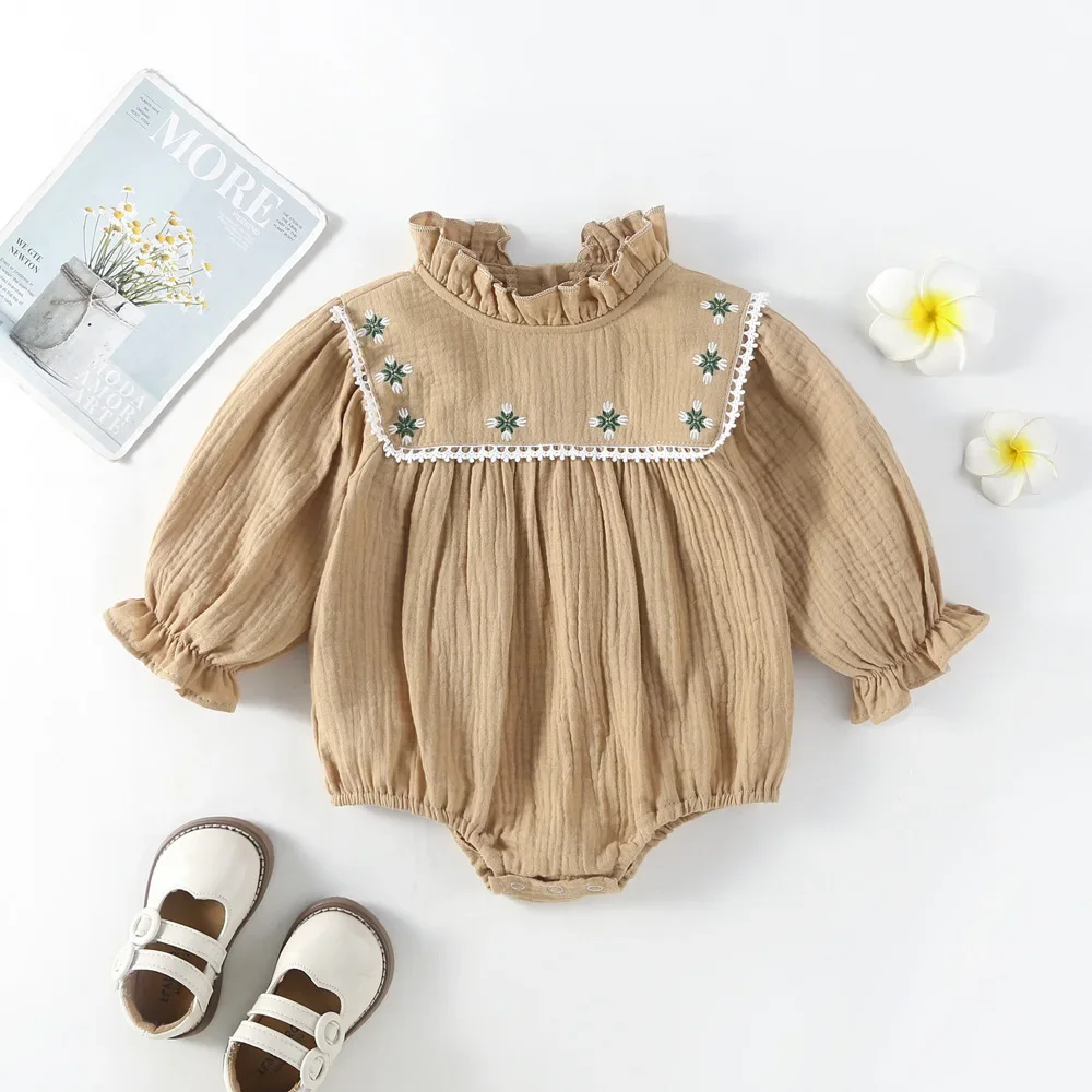 

100% Cotton Newborn Baby Romper Khaki Long Sleeve Embroidered Floral Onesie Vintage Ruffled Bodysuit