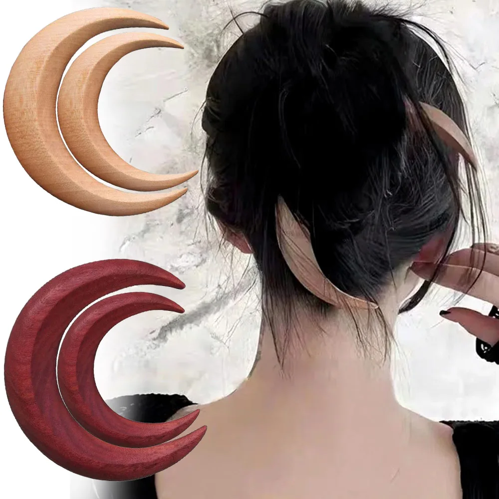 

Деревянные палочки для волос в форме луны в стиле ретро, твердые резные деревянные вилки для волос в форме полумесяца ручной работы для женщин, шпилька-гребень, зажим для укладки волос