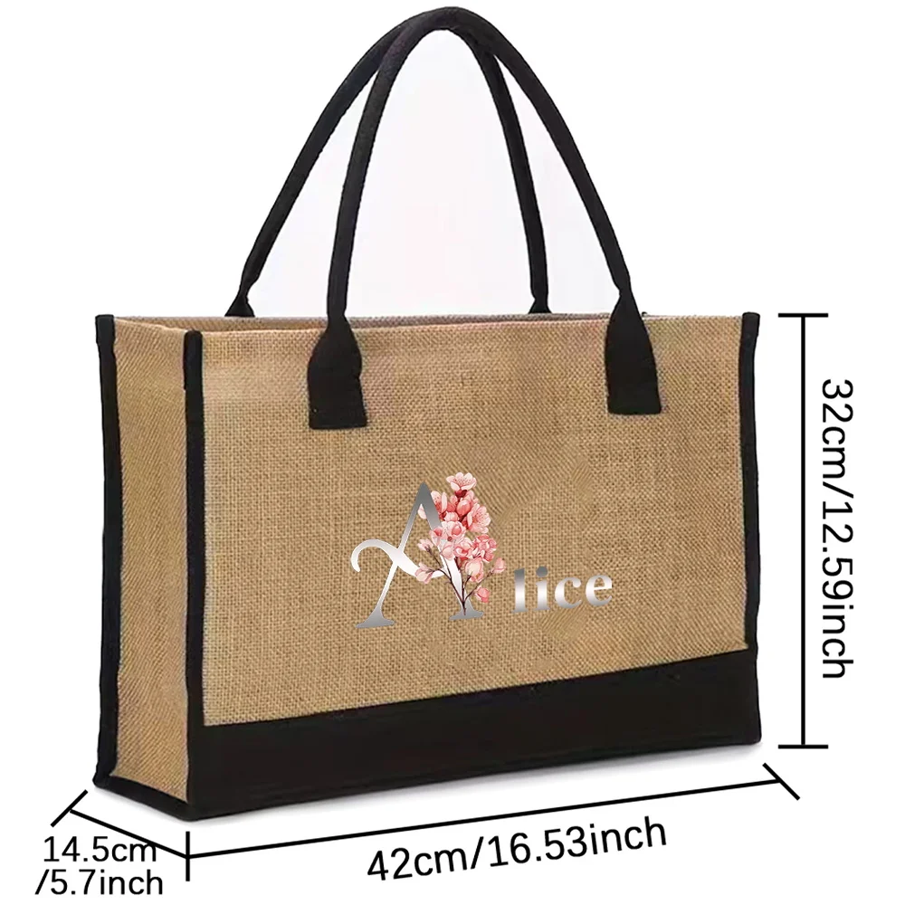 Personalized Customization Name Large Capacity Women's Shopping Bag Waterproof Linen Handbag Yellow Hemp Bag for Women