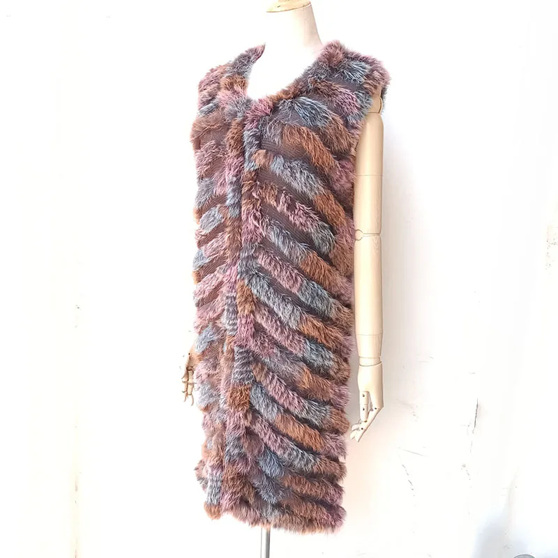 2023 Autumn Knitted Real Rabbit Fur Vest Women Sleeveless Fashion long Striped Genuine Rabbit Fur Gilet Female Natural Fur