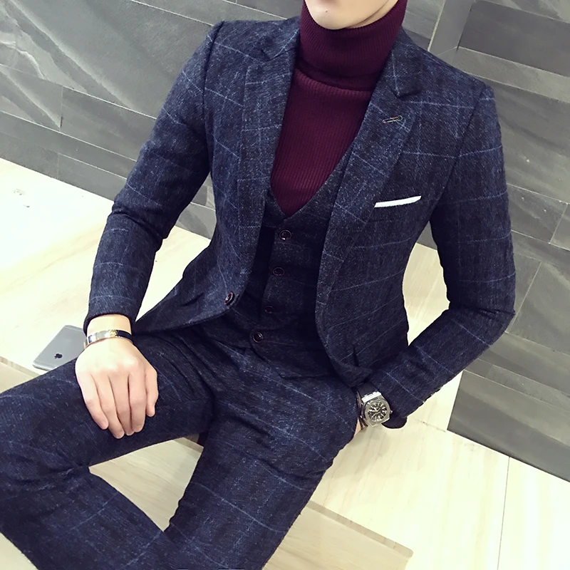 (Jackets+Vest+Pants) 2022 Men plaid business Blazers/Male slim fit pure cotton three-piece suit/Man plaid groom dress M-5XL