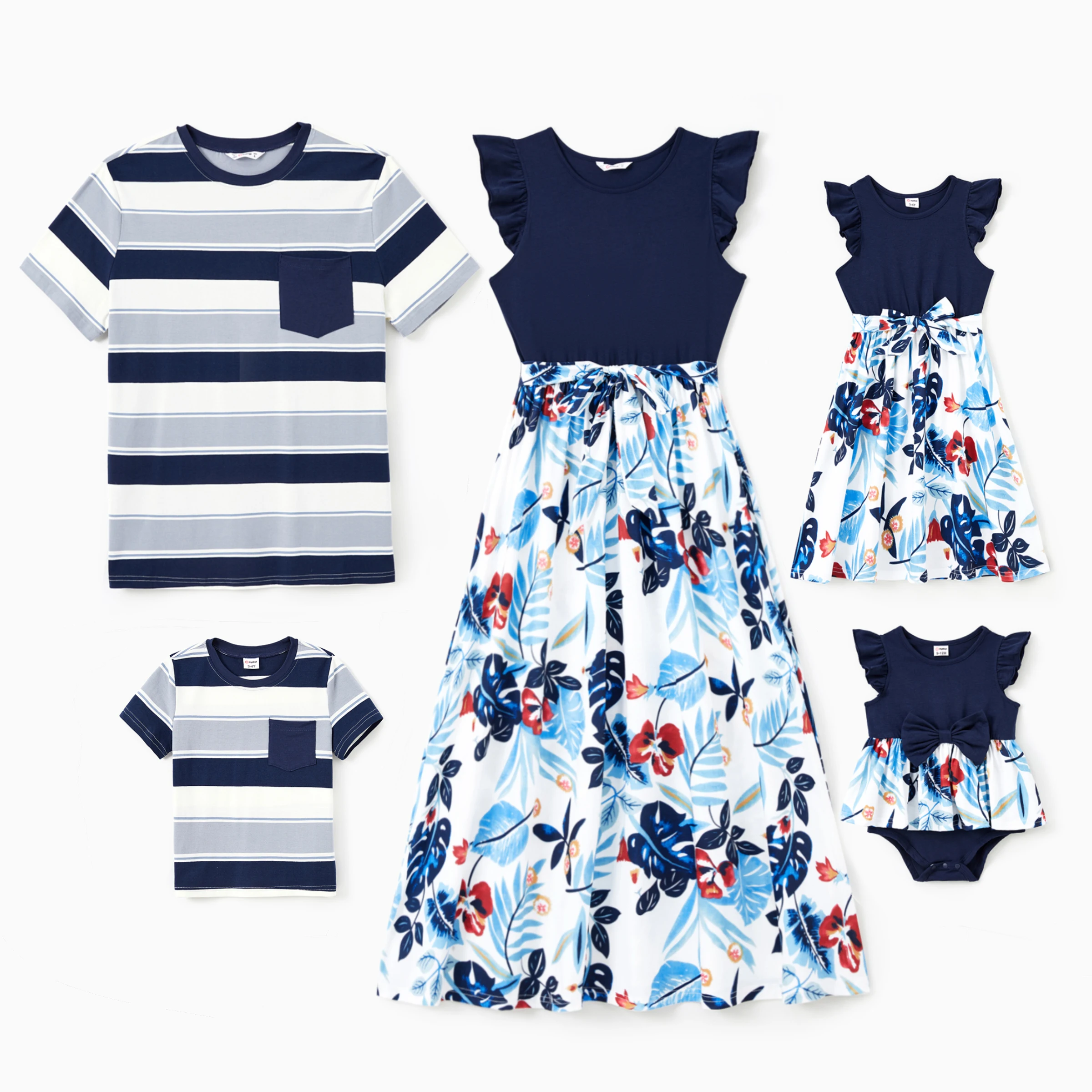 

PatPat Family Matching Sets Cotton Stripe Short Sleeves Tee or Flutter Sleeves Spliced Floral Pattern Belted Dress