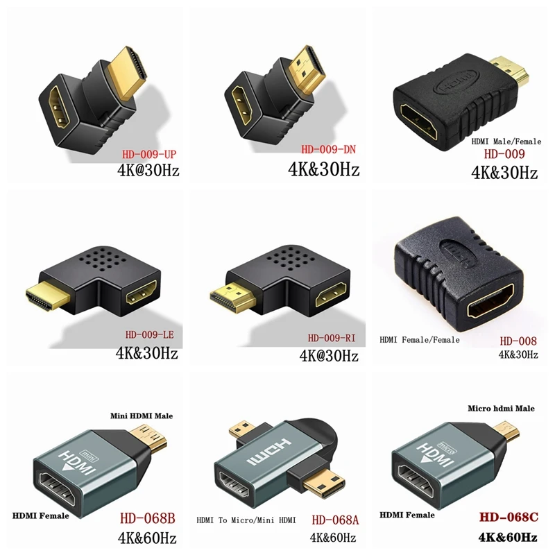 Ângulo direito macho para fêmea conversor, extensor compatível com HDMI, mini conector micro, micro 2.0v, 4k, 8k hd, 90, 270 graus, 1pc