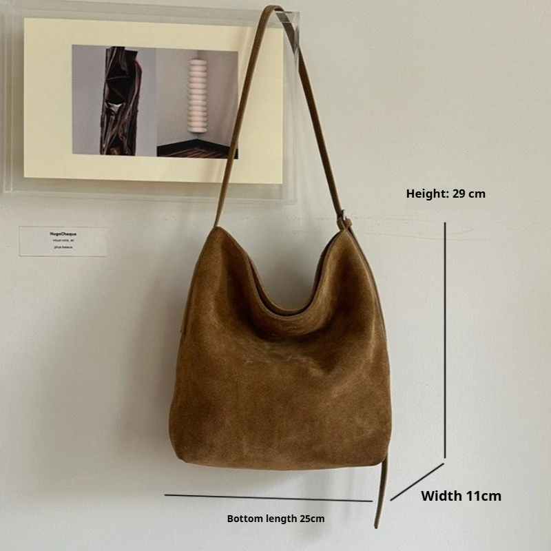 Vintage Autumn Everyday Casual Bucket Tote Bag for Women Genuine Leather Suede Large Capacity Shoulder Bag Luxury