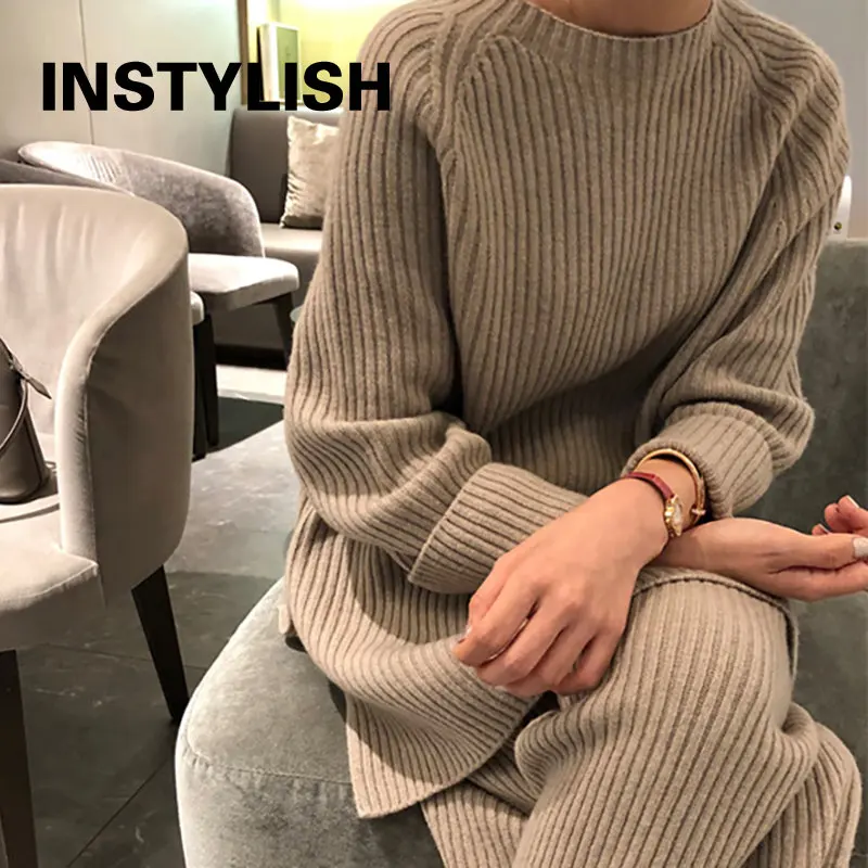 Women Elegant Sweater Suit Elegant Knitted Two Pieces Set Autumn Winter Oversized Pullover and Trousers Suit Female Outfits 2022