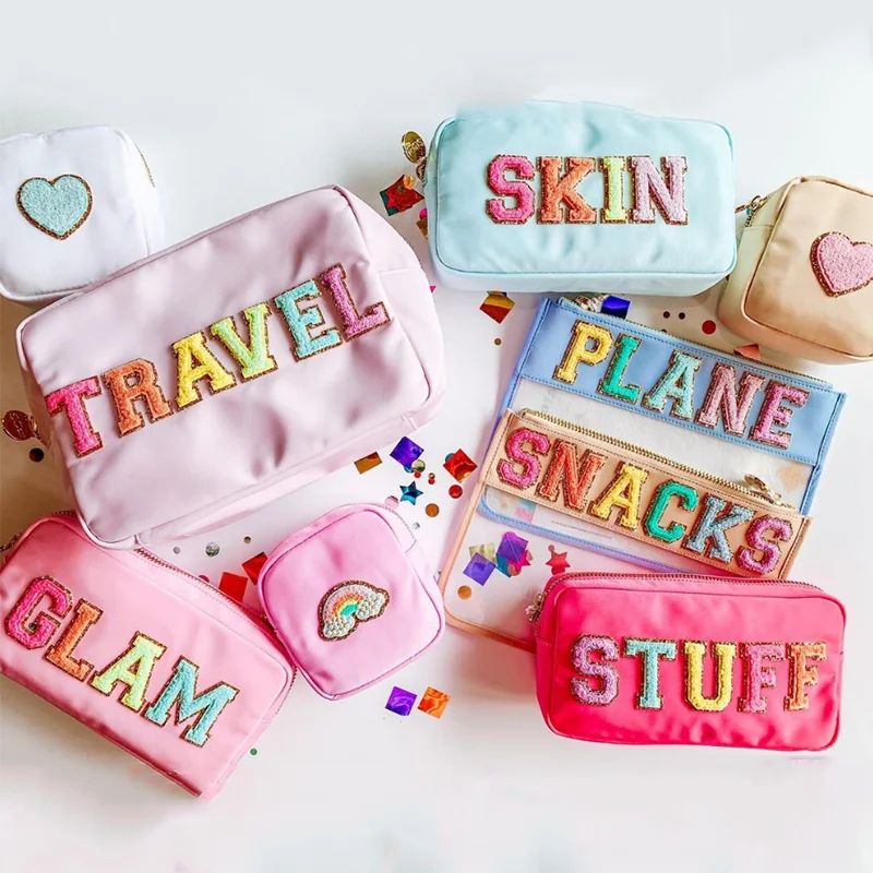 Stock Wholesale Multi Colors Waterproof Nylon Pouch Cosmetic Bag Women Letters Patch DIY Makeup Bag Teens large toiletry bag