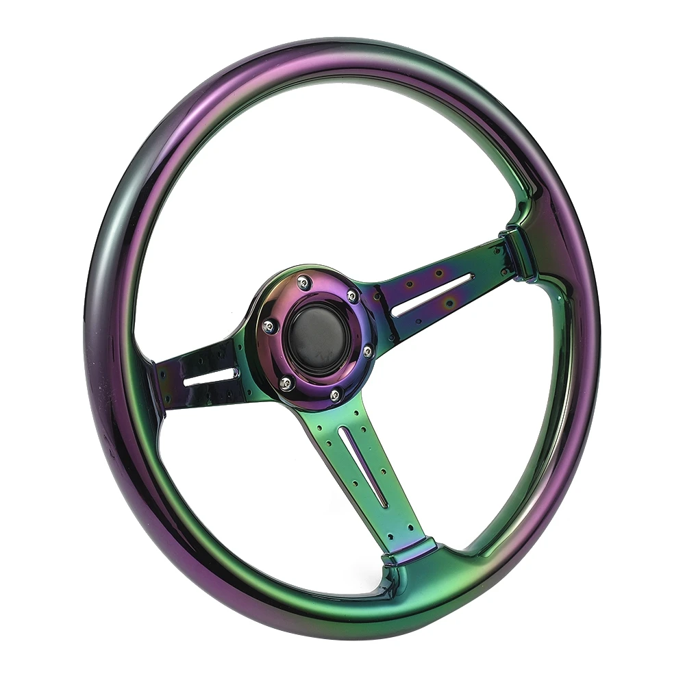 

34cm Green to Purple Color Change Car Deep Dish Steering Wheel with Horn 3 Spokes, Rally Racing Modified Auto Steering Wheel