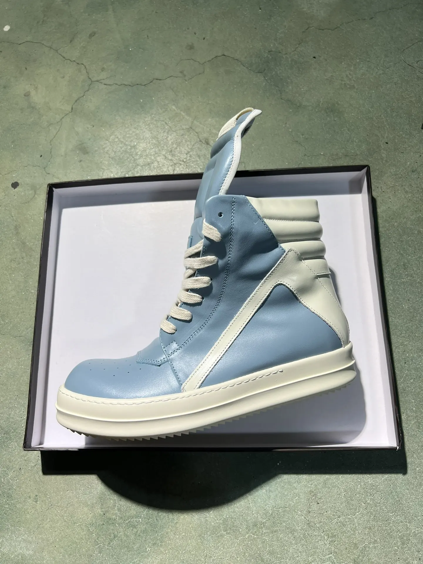 

Ricks Genious LightBlue Leather High Top Geobasket Owens Quality Men Shoe Zipper Women Sneaker Casual Owens Design boots & Shoes