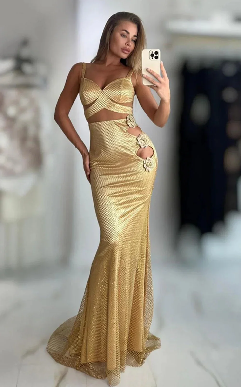 

Women'S Gold Sequin Hollowed Out 3D Flower Sexy V-Neck Hollowed Out Mermaid Elegant Celebrity Party Evening Dress