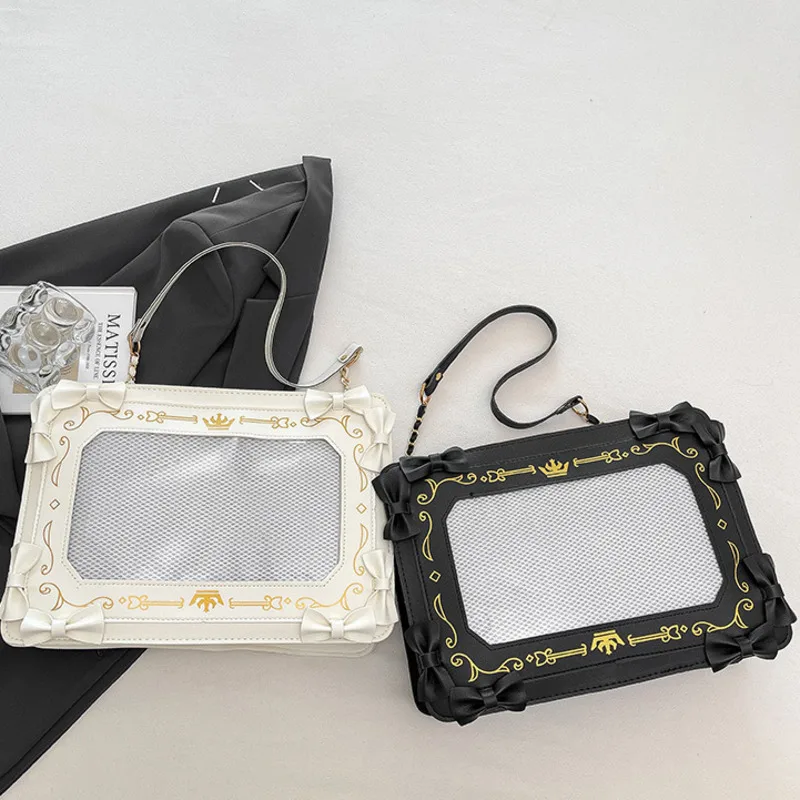 Bowknot Decor Y2k Lolita Itabag Girl Transparent Pocket Harajuku Pain Handbag Chain Japanese Shoulder Bag PU Crossbody Bag Women