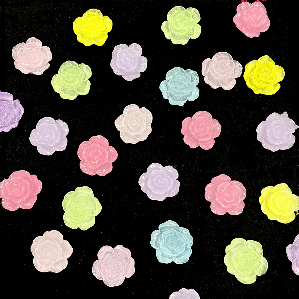 30Pcs/lot Luminous Rose Flowers Flatback Resin Cabochons Fit Phone Case Decoration DIY Scrapbooking Hair Bows Accessories 16mm